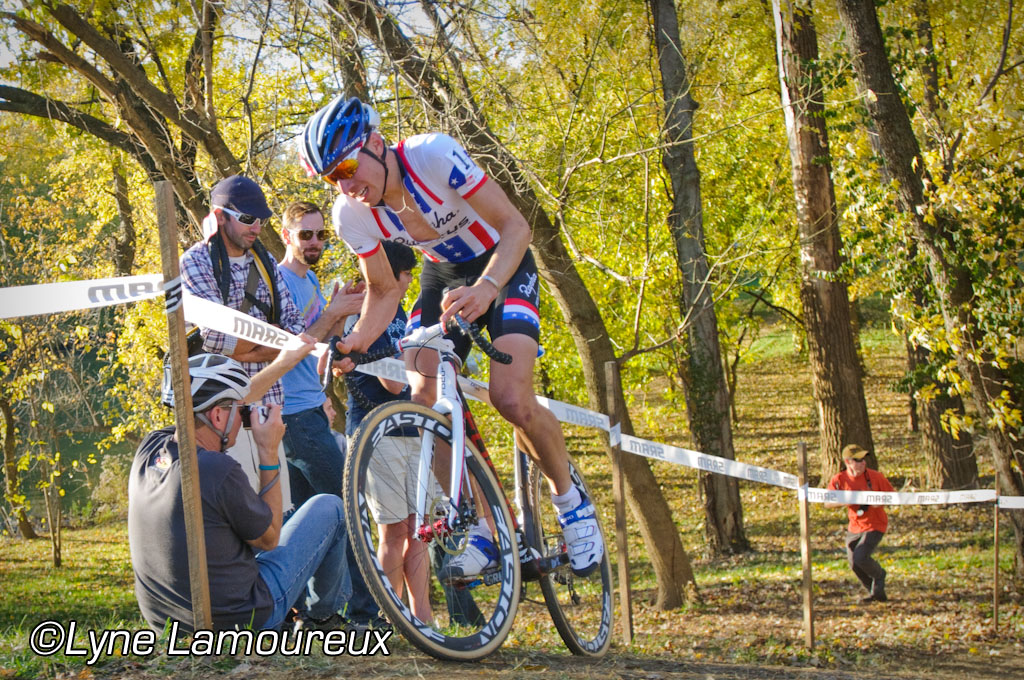 Jeremy Powers with a small gap with one lap to go