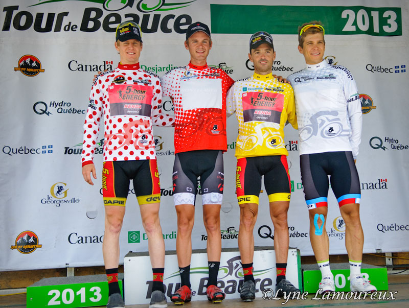 The jerseys after stage 4: Jim Stemper (5-Hr Energy), Nathan Bro